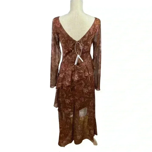 Marchesa Note Long Sleeve Asymmetric Chiffon Cocktail Dress in Rust Size 0 - Picture 3 of 13